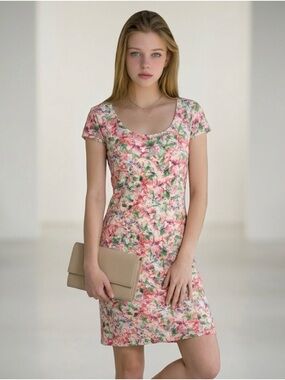 FREE PEOPLE Dress Lace Overlay Open Back Cap Sleeves Floral Pink Green Small